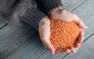 A woman holding a handful of red lentils