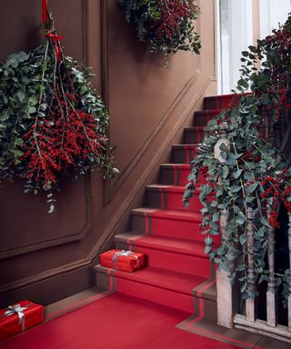 A hallway with brown wall decor with red carpet, painted staircase runner and plant foliage