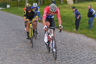 WAREGEM BELGIUM APRIL 03 Mathieu van der Poel of The Netherlands and Team CorendonCircus Anthony Turgis of France and Team Direct Energie Taaienberg Cobblestones during the 74th Dwars door Vlaanderen 2019 a 1828km race from Roeselare to Waregem DwarsdrVlaander FlandersClassic on April 03 2019 in Waregem Belgium Photo by Tim de WaeleGetty Images