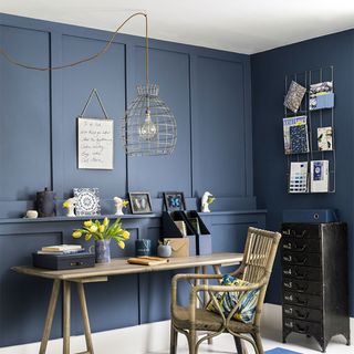 Home office layout ideas with blue panelled wall and desk