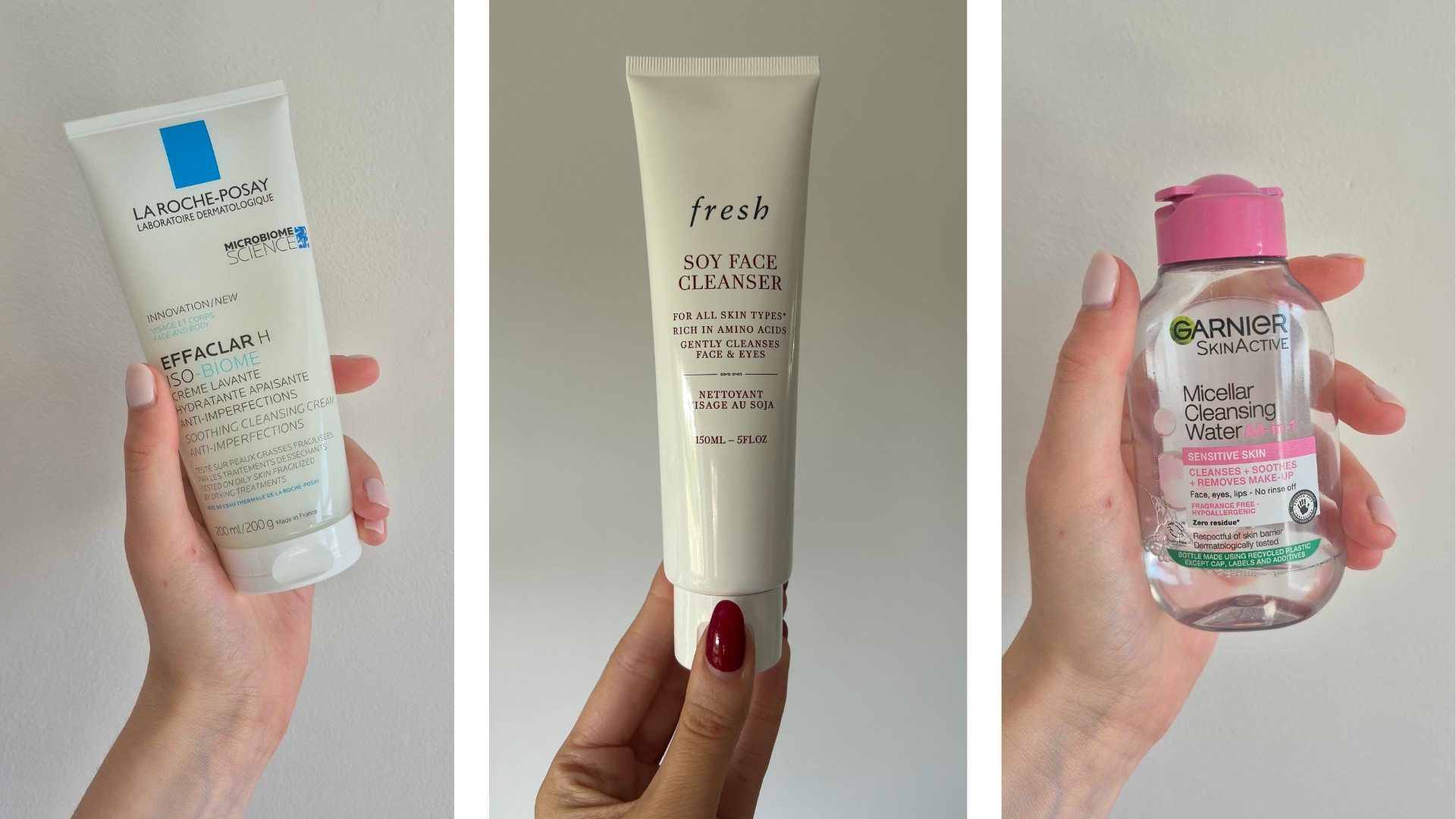 A selection of the best cleansers featured in this guide from La Roche Posay, fresh and Garner, held in the hands of Digital Beauty Writers', Naomi Jamieson and Sennen Prickett.