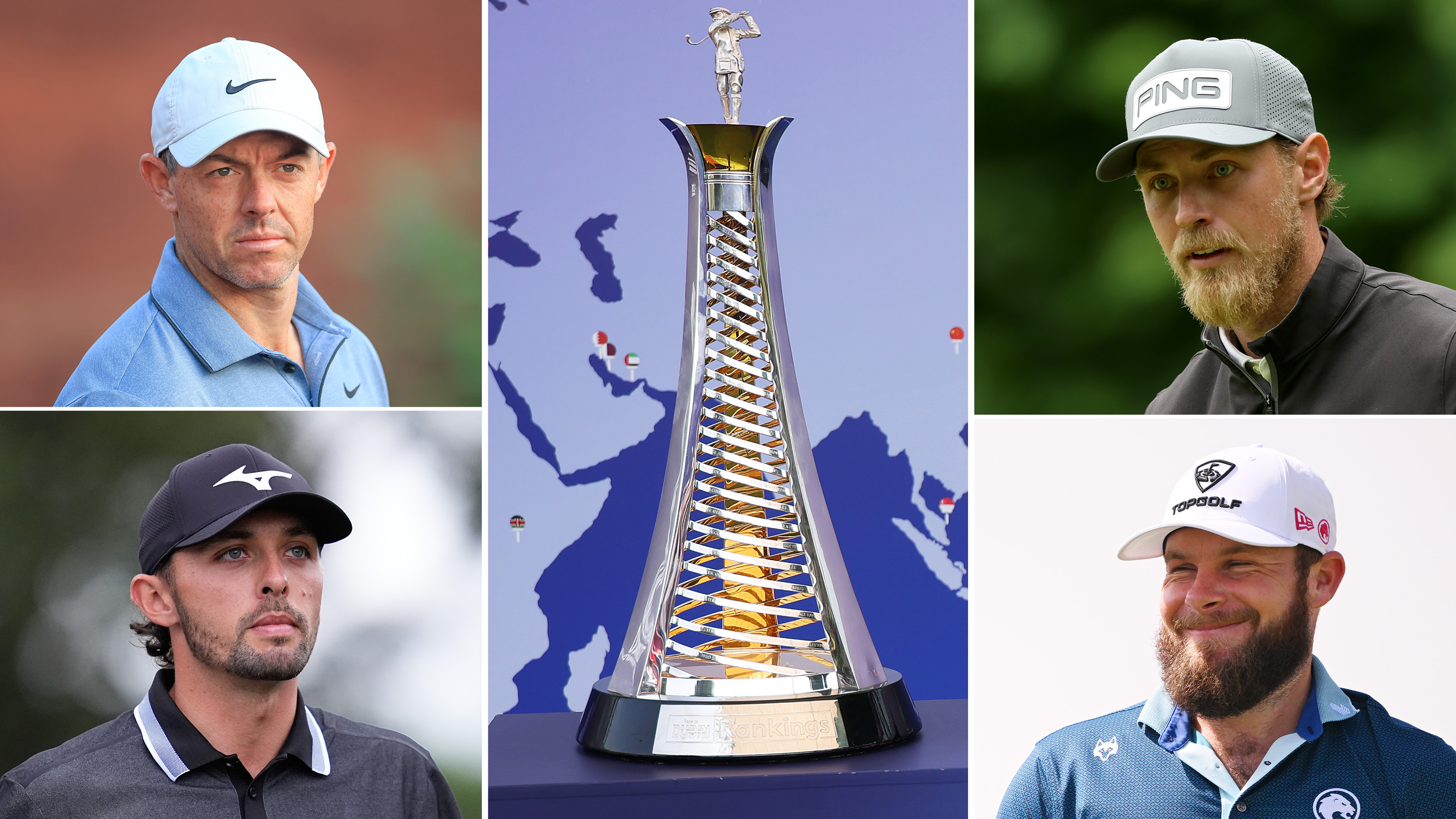 Centre image of the Race To Dubai trophy with headshots of Rory McIlroy (top left), Kristoffer Reitan (top right), Marco Penge (bottom left) and Tyrrell Hatton (bottom right) around the outside