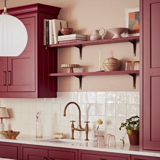 Red kitchen with open shelving