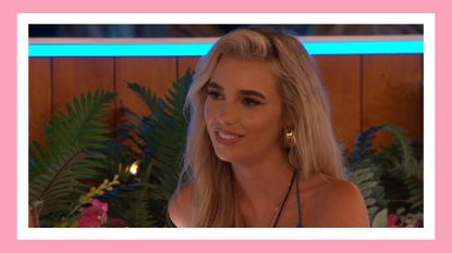 Love Island's Lana Jenkins picture smiling in the villa in Love Island 2023 / in a pink template