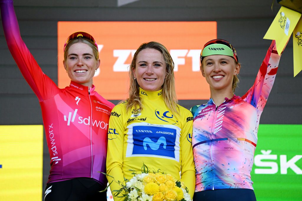 PLANCHE DES BELLES FILLES FRANCE JULY 31 LR Demi Vollering of Netherlands and Team SD Worx on second place race winner Annemiek Van Vleuten of Netherlands and Movistar Team Yellow Leader Jersey and Katarzyna Niewiadoma of Poland and Team CanyonSRAM Racing on third place pose on the podium ceremony after the 1st Tour de France Femmes 2022 Stage 8 a 1233km stage from Lure to La Super Planche des Belles Filles TDFF UCIWWT on July 31 2022 in Planche des Belles Filles France Photo by Dario BelingheriGetty Images