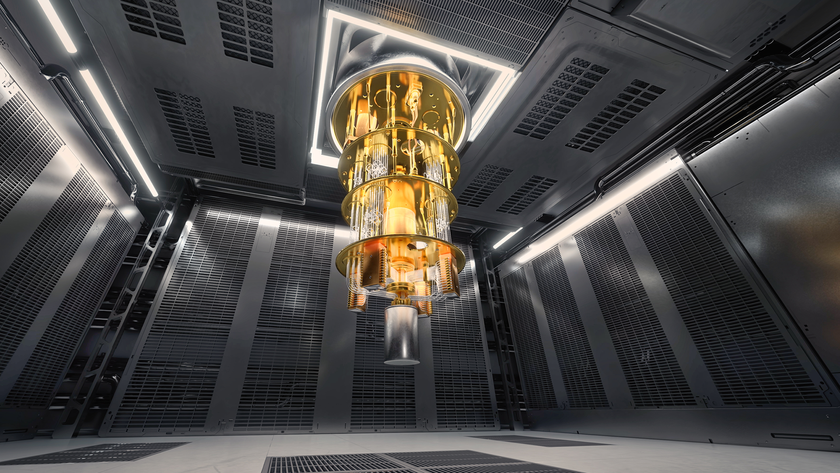 Inside the Quantum Lab, a low camera shot 12mm--a 3D render of a chandelier-style quantum computer hanging from the ceiling in a room covered in metal vents for airflow.