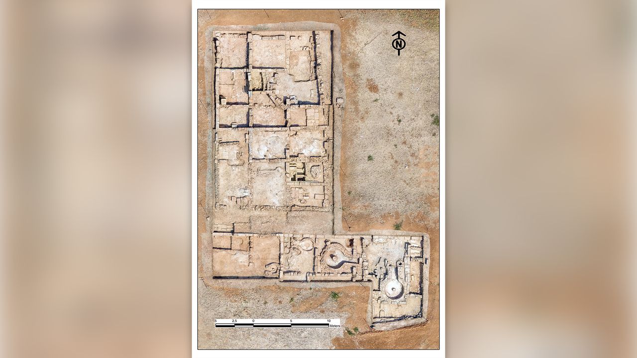 The wine shop is on the northern end of a complex. It contains a number of workshops and appears to have been used to make pottery and process wine and perhaps olive oil.