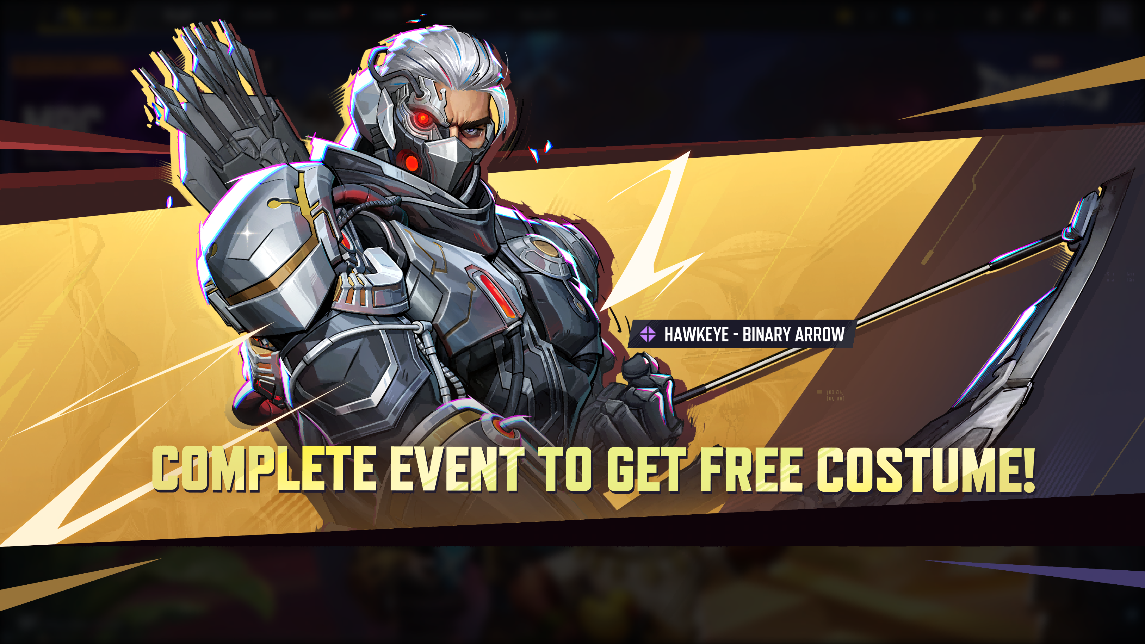 Hawkeye against text that reads: Complete event to get free costume