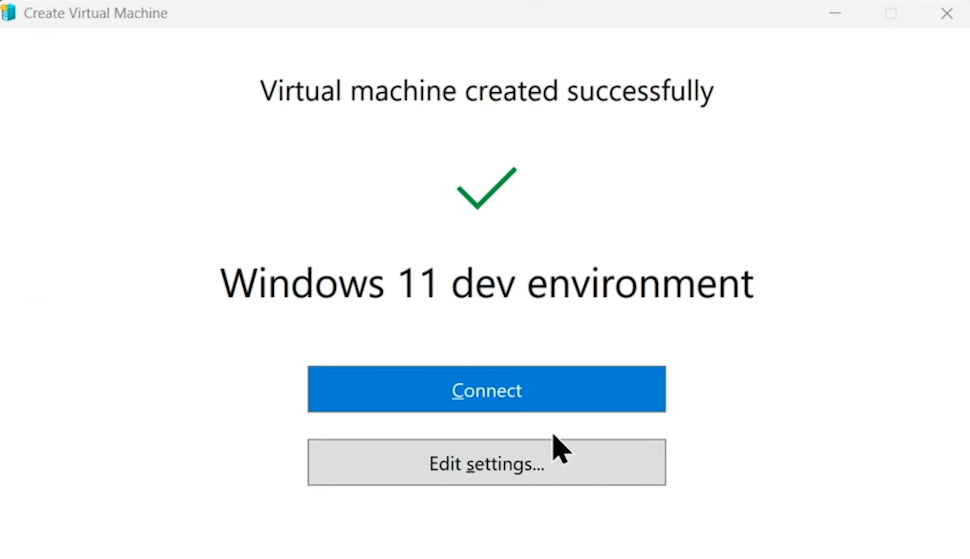 Hyper-V virtual machine creation success screen