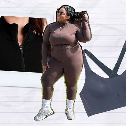 Pictured is a collage. In the collage, there are images of chichi wearing various Old Navy Activewear clothing with e-commerce images of the clothing on a line notebook back drop.