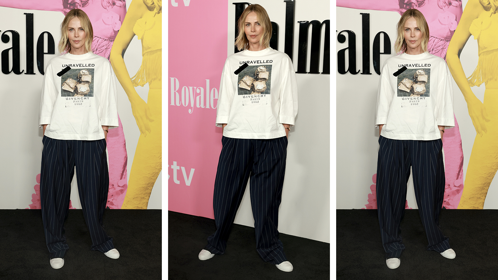 Charlize Theron wearing pinstriped trousers and an oversized tee