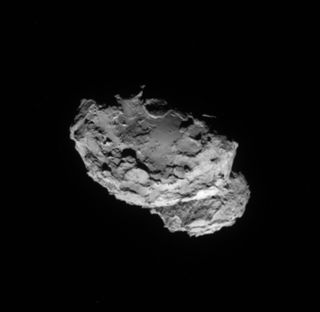 The Comet 67P/Churyumov-Gerasimenko is seen by the European Space Agency's Rosetta spacecraft on Aug. 4, 2014, just two days before the probe's arrival at the comet on Aug. 6. Rosetta captured this photo with its Navcam imager.