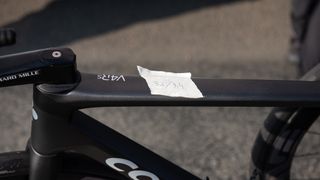 UAE Team Colnago bikes at the start with a tyre pressure sticker