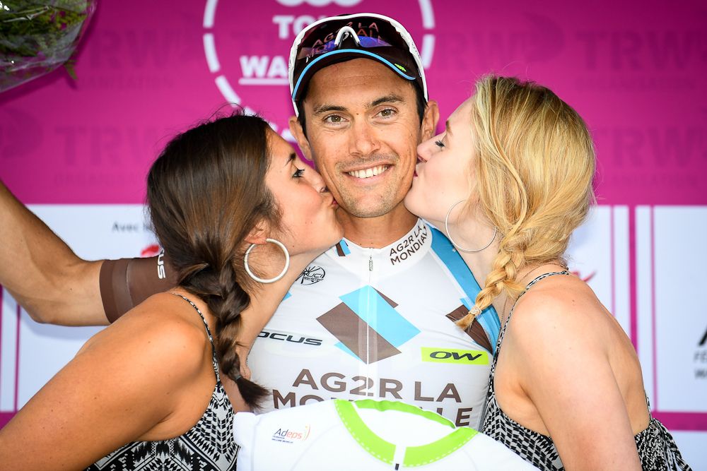 Guillaume Bonnafond celebrates his combativity prize on the podium, after the first stage of the Tour De Wallonie