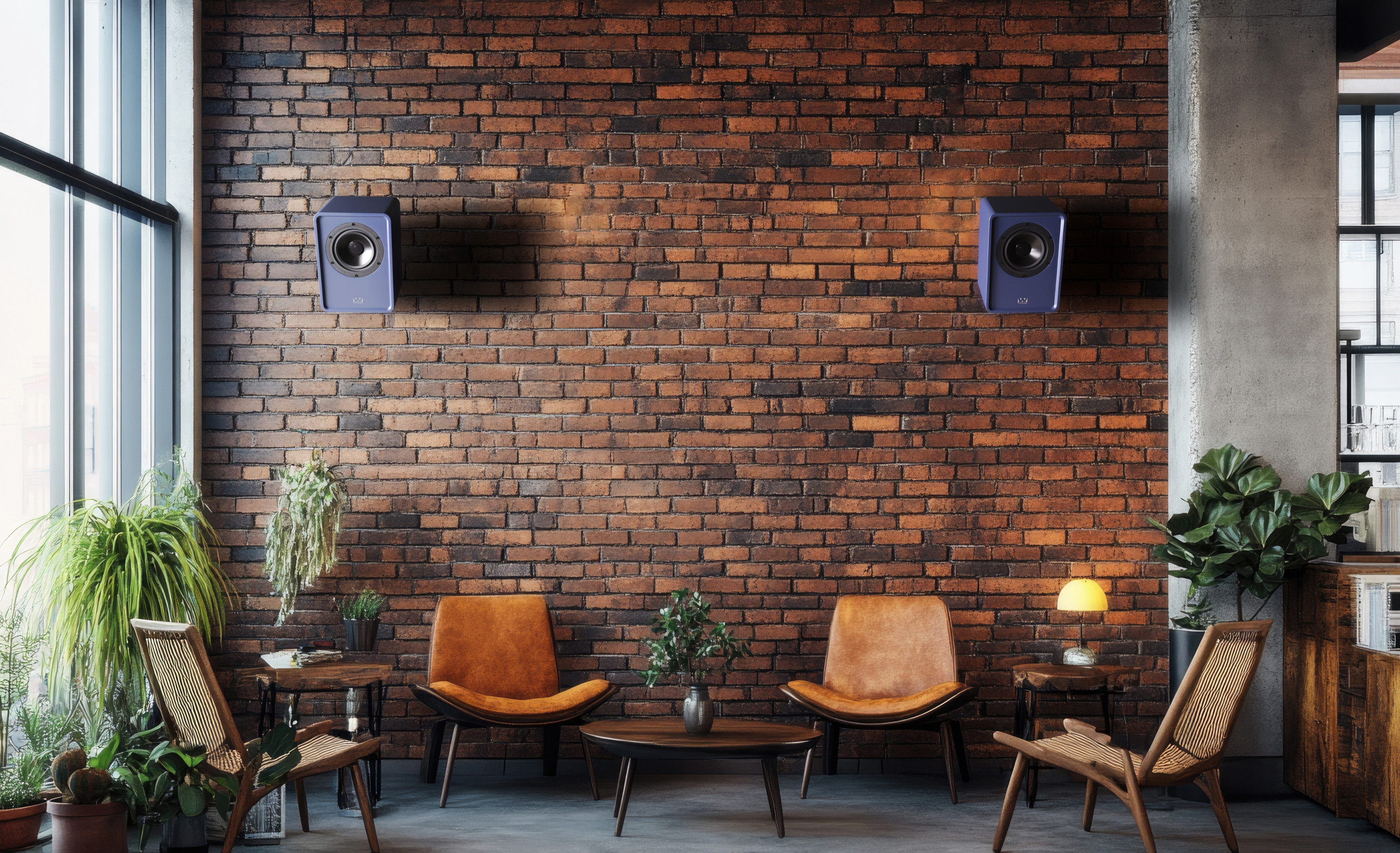 A wall-mounted pair of Denton 1S speakers