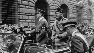 9th May 1938: German dictator Adolf Hitler (1889 - 1945) and Italian dictator Benito Mussolini (1883 - 1945) drive through Rome.