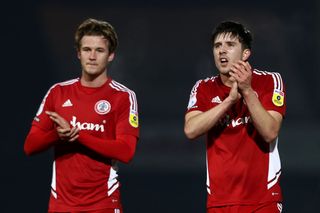Accrington Stanley season preview 2023/24 Tommy Leigh and Seb Quirk of Accrington Stanley applauds the fans after the Sky Bet League One between Port Vale and Accrington Stanley at Vale Park on February 07, 2023 in Burslem, England. (Photo by Naomi Baker/Getty Images)