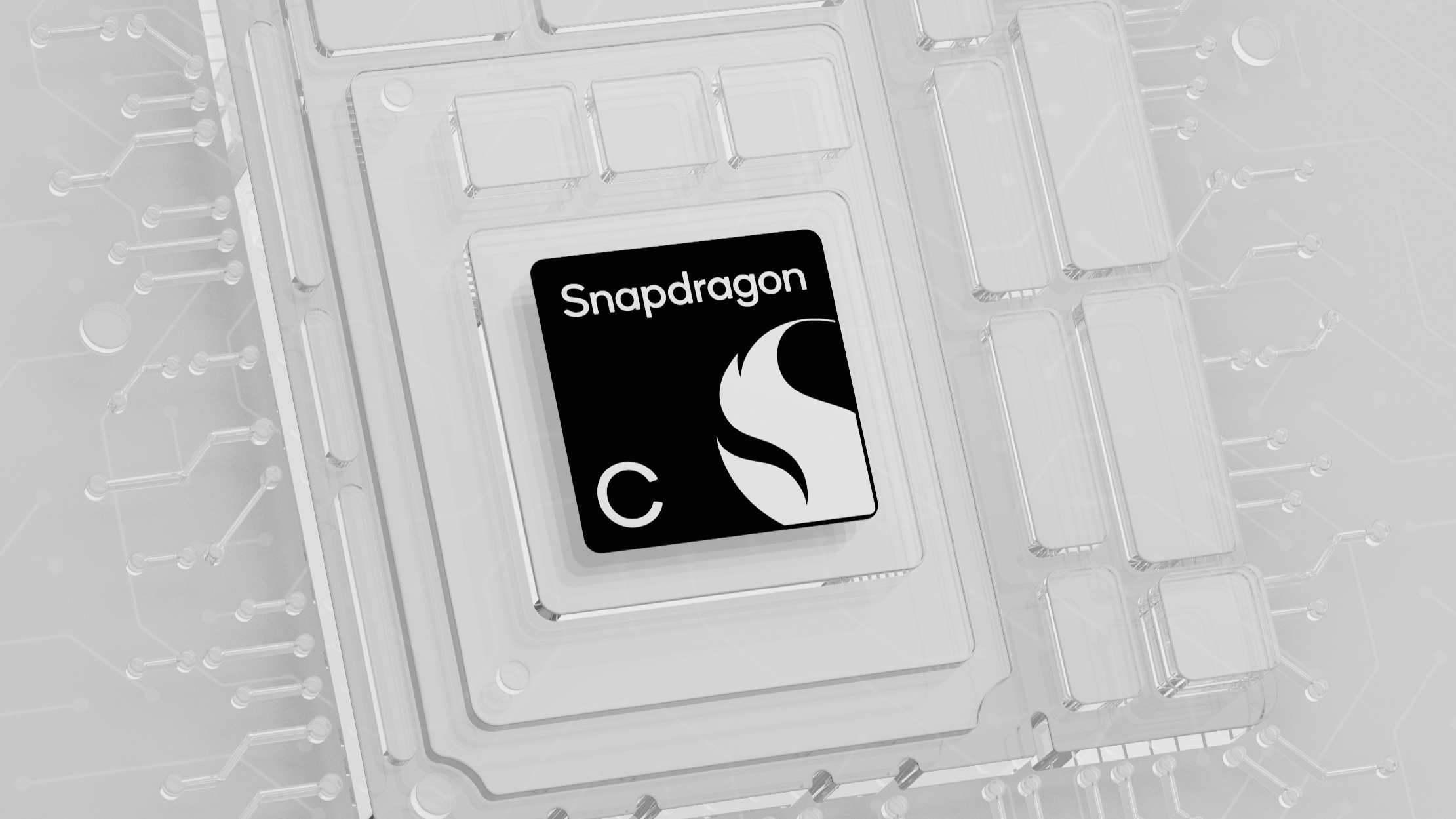 Snapdragon C logo in a white transparent environment resembling a motherboard.