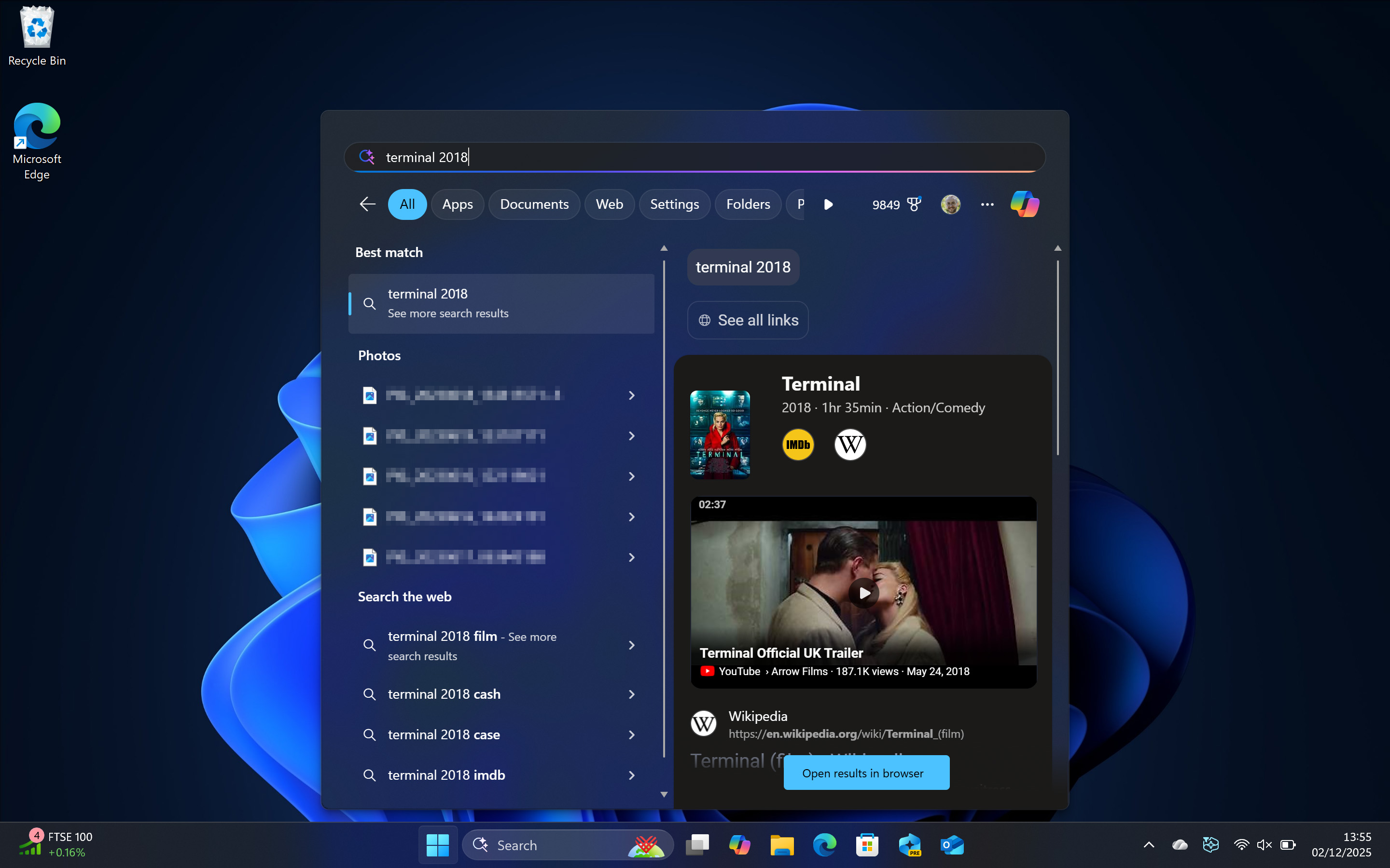 Searching for 'terminal' in Windows 11 Start menu
