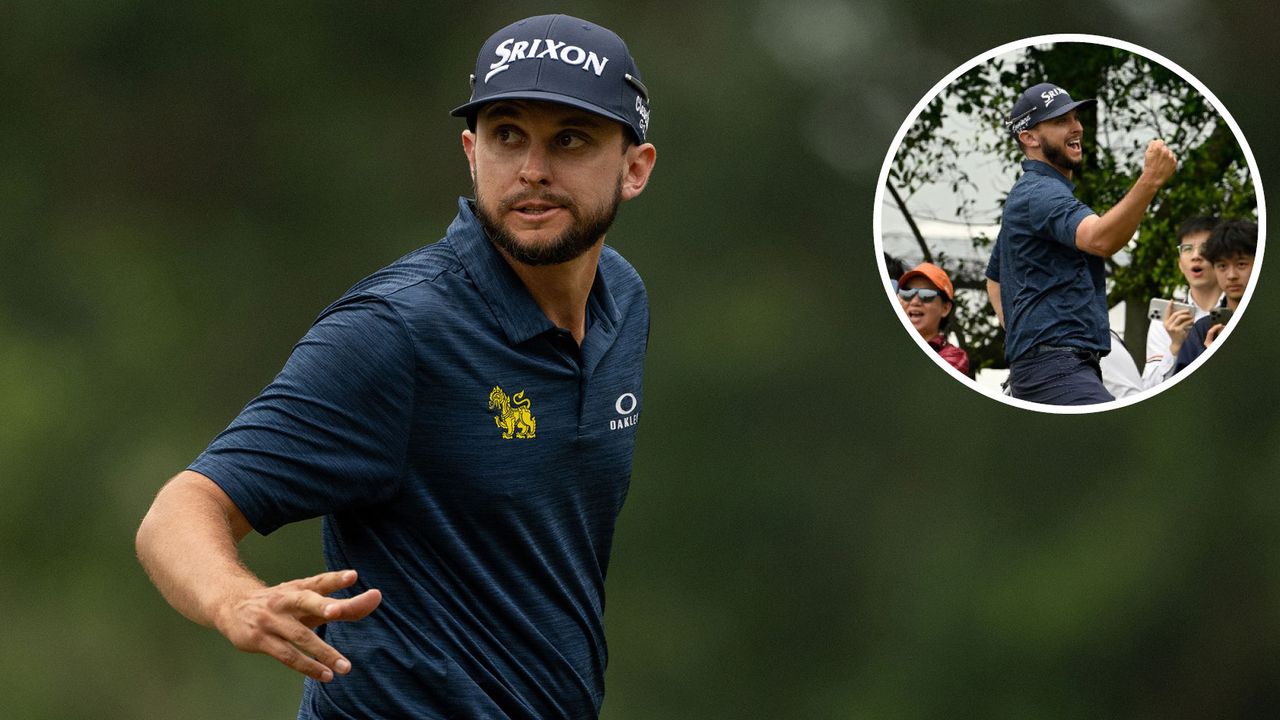 John Catlin waves to the crowd after holing a birdie putt