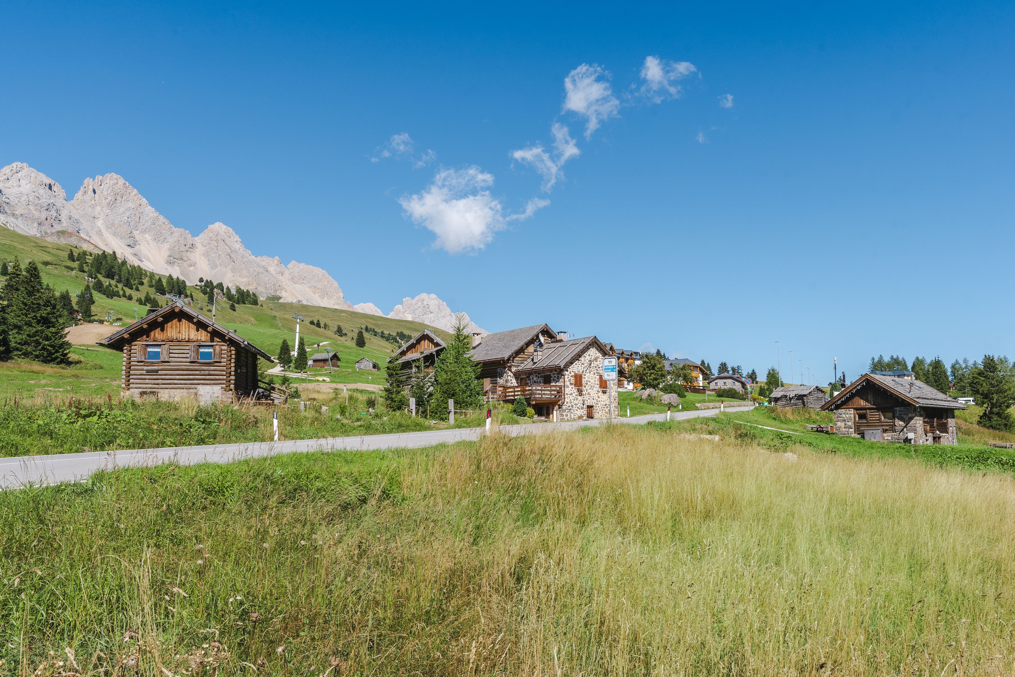 A photo of buildings and mountains in the landscape of the Val di Fassa