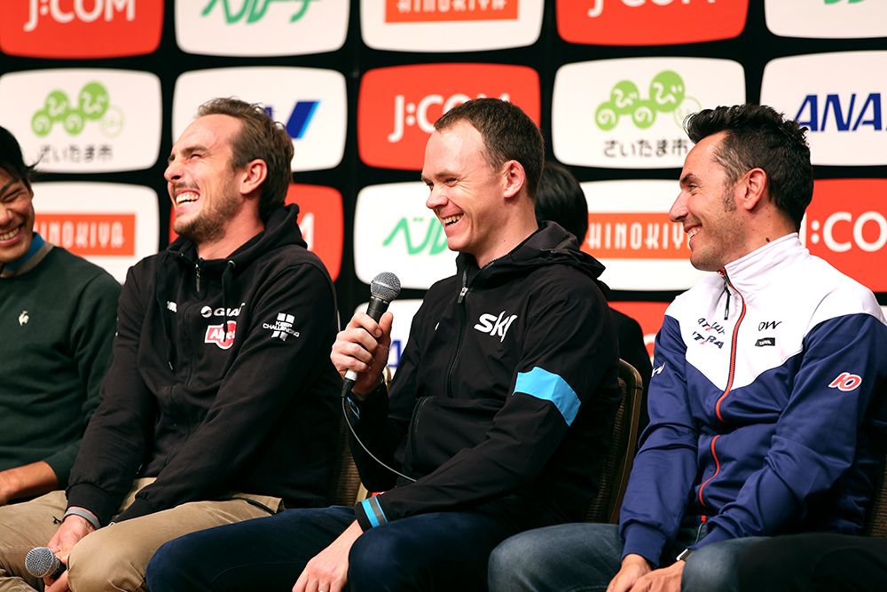 Chris Frooem and the riders enjoy a chuckle at the media event