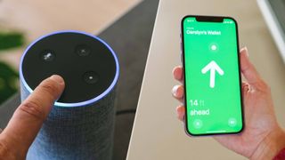 An Amazon Echo device juxtaposed with an Apple iPhone showing the Find My app in action.