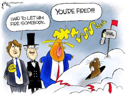 Political cartoon U.S. Trump Don McGahn Mueller Russia investigation Groundhog Day