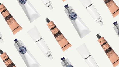 Collage of three of the best hand creams featured in this guide from (left to right) Aesop, L'Occitane and Nécessaire, set at an angle and repeated against an off-white background