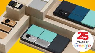 An array of Google Project Ara phones on an orange background