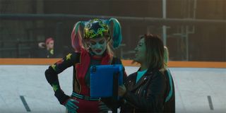 Behind the scenes of Harley Quinn at a roller derby in Birds of Prey