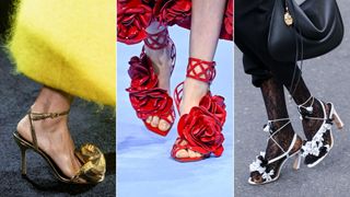 Three models wearing 3d floral shoes