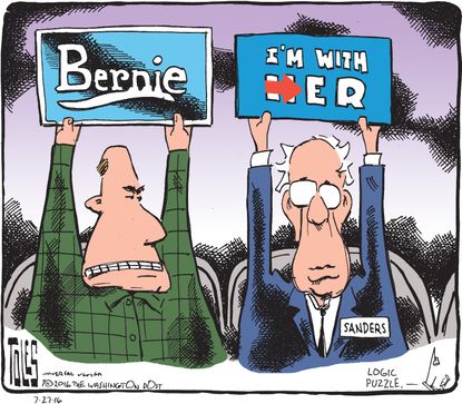 Political cartoon U.S. Bernie and his supporters different signs