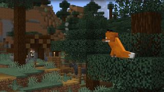 A Minecraft fox hanging out in the trees