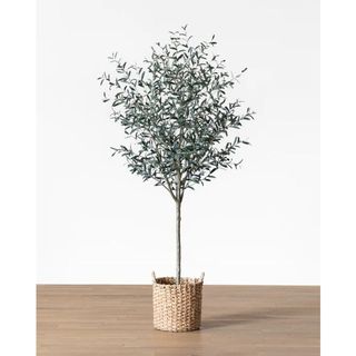faux olive tree in woven pot