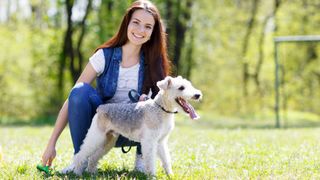 Young woman in park with fox terrier