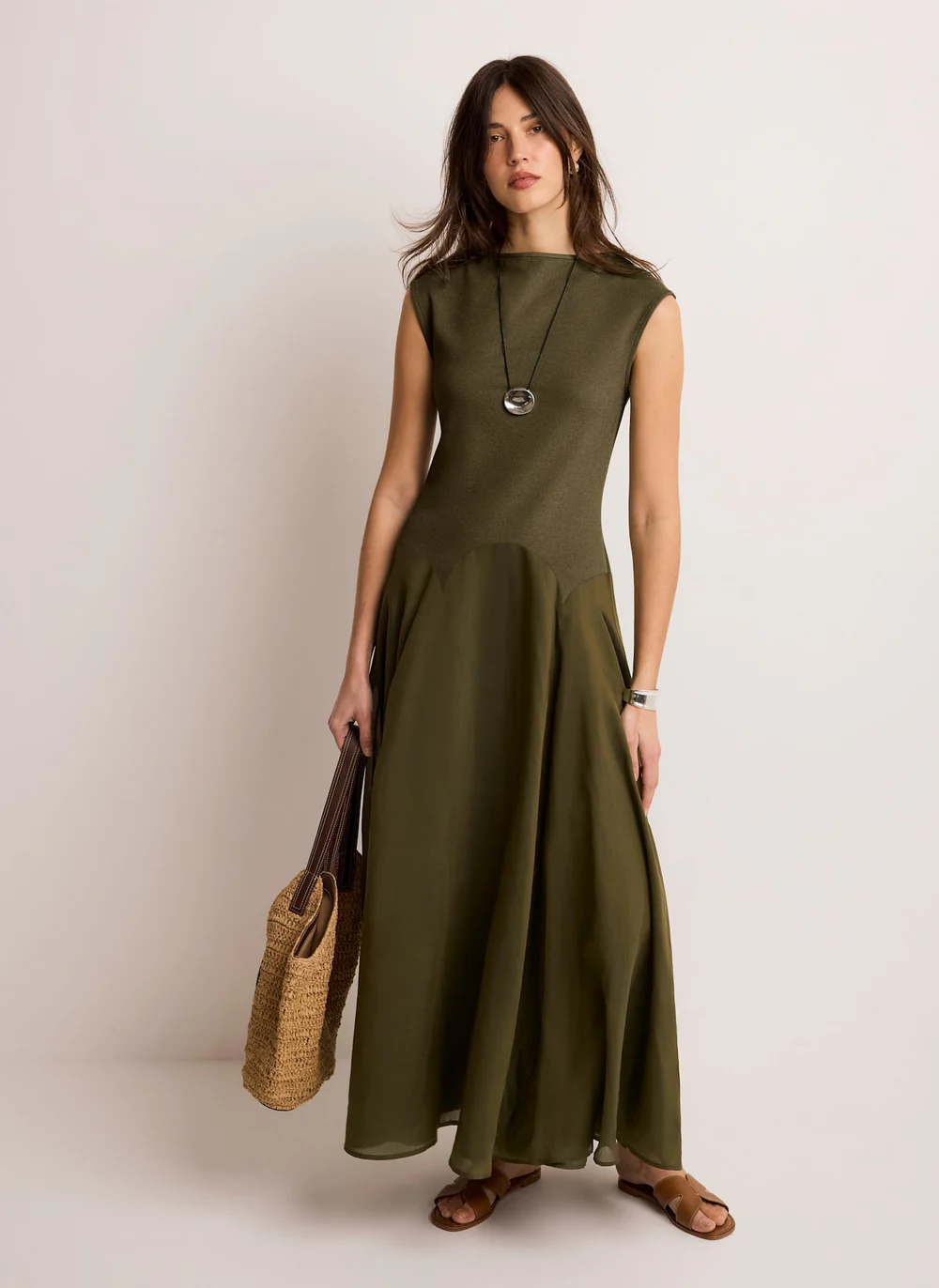 Mint Velvet, Khaki Sleeveless Drop Waist Dress