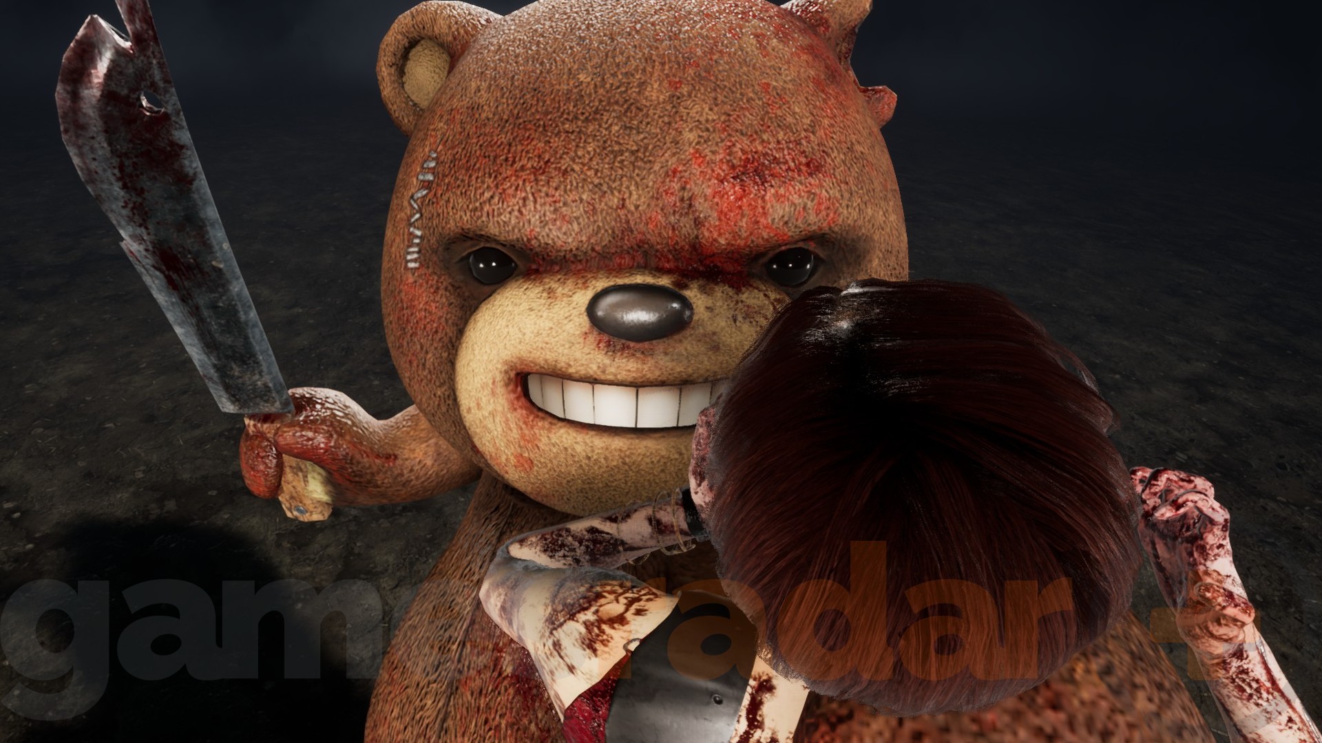 Naughty Bear, one of the skins for DBD killer The Trapper, kills a survivor.