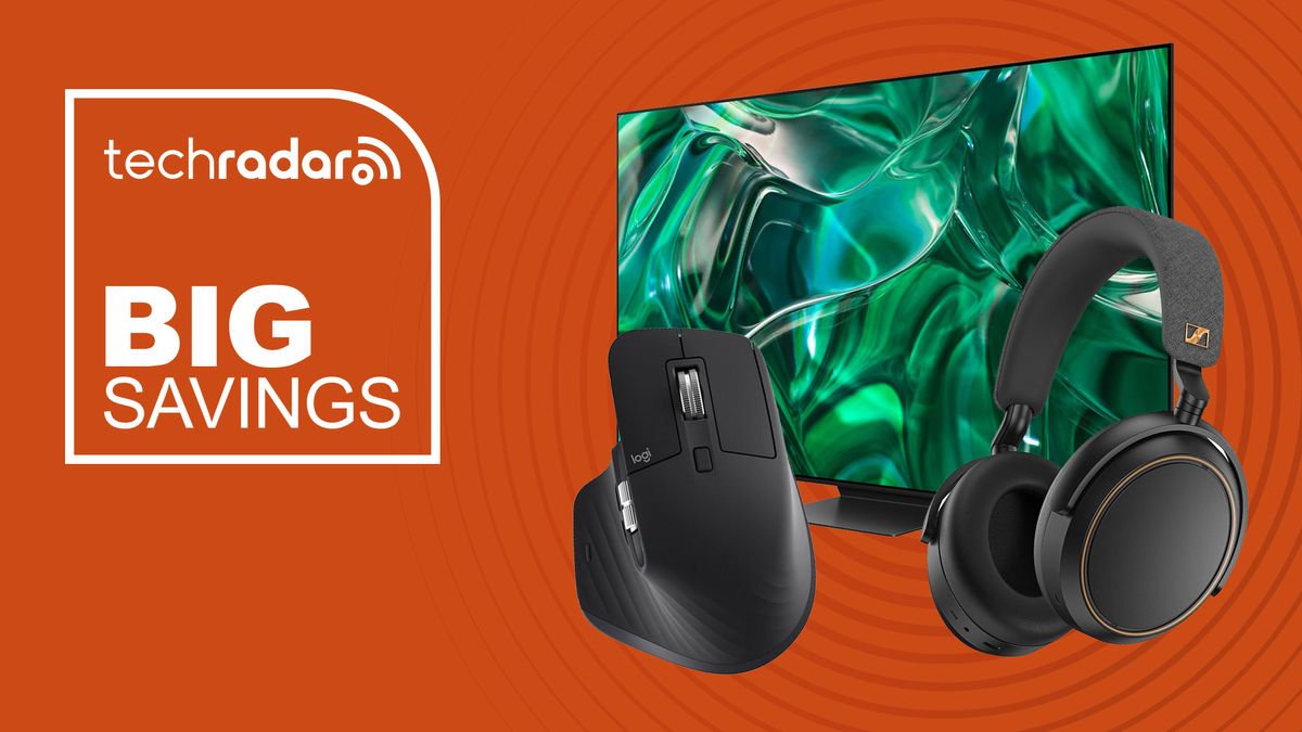 Logitech MX Master 3S mouse, Smausng S95C TV and Sennheiser Momentum 4 Wireless headphones on orange background with TechRadar logo and &quot;Big Savings&quot; text