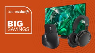 Logitech MX Master 3S mouse, Smausng S95C TV and Sennheiser Momentum 4 Wireless headphones on orange background with TechRadar logo and "Big Savings" text