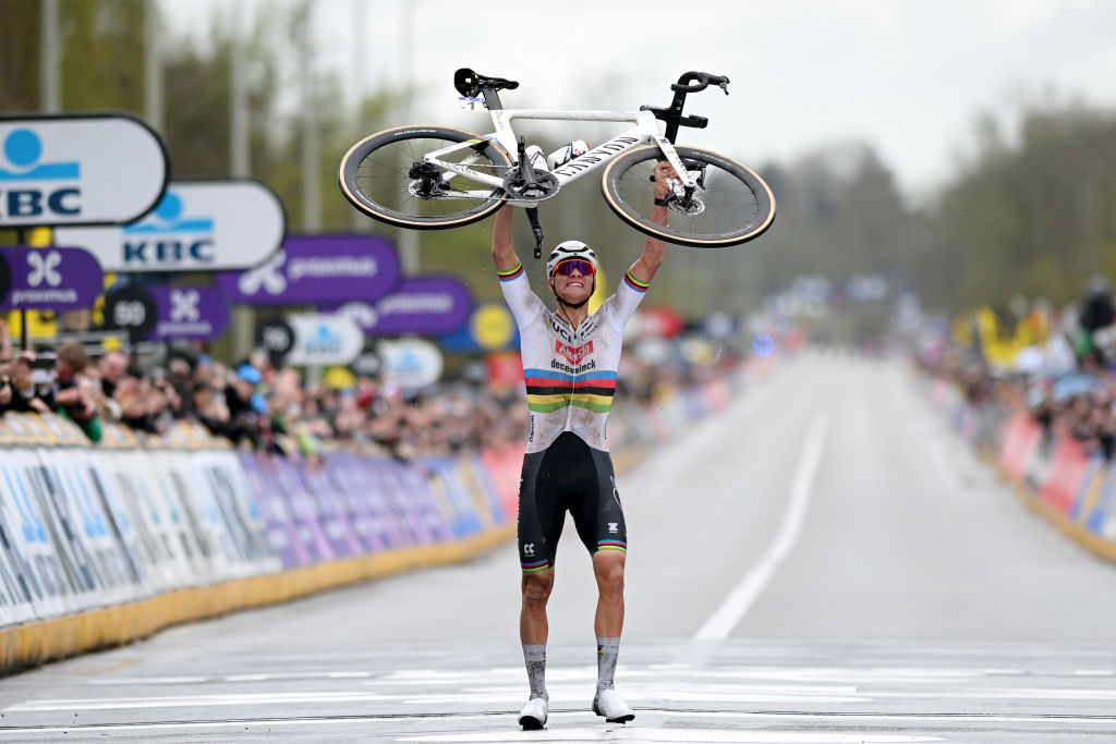 OUDENAARDE BELGIUM MARCH 31 Mathieu van der Poel of The Netherlands and Team Alpecin Deceuninck celebrates at finish line as race winner during the 108th Ronde van Vlaanderen Tour des Flandres 2024 Mens Elite a 2708km one day race from Antwerpen to Oudenaarde UCIWT on March 31 2024 in Oudenaarde Belgium Photo by Dario BelingheriGetty Images