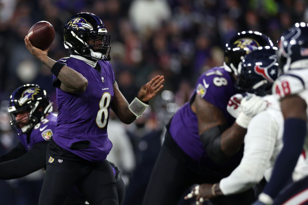 Baltimore Ravens quarterback Lamar Jackson vs. the Houston Texans in a 2024 AFC divisional playoff game. 