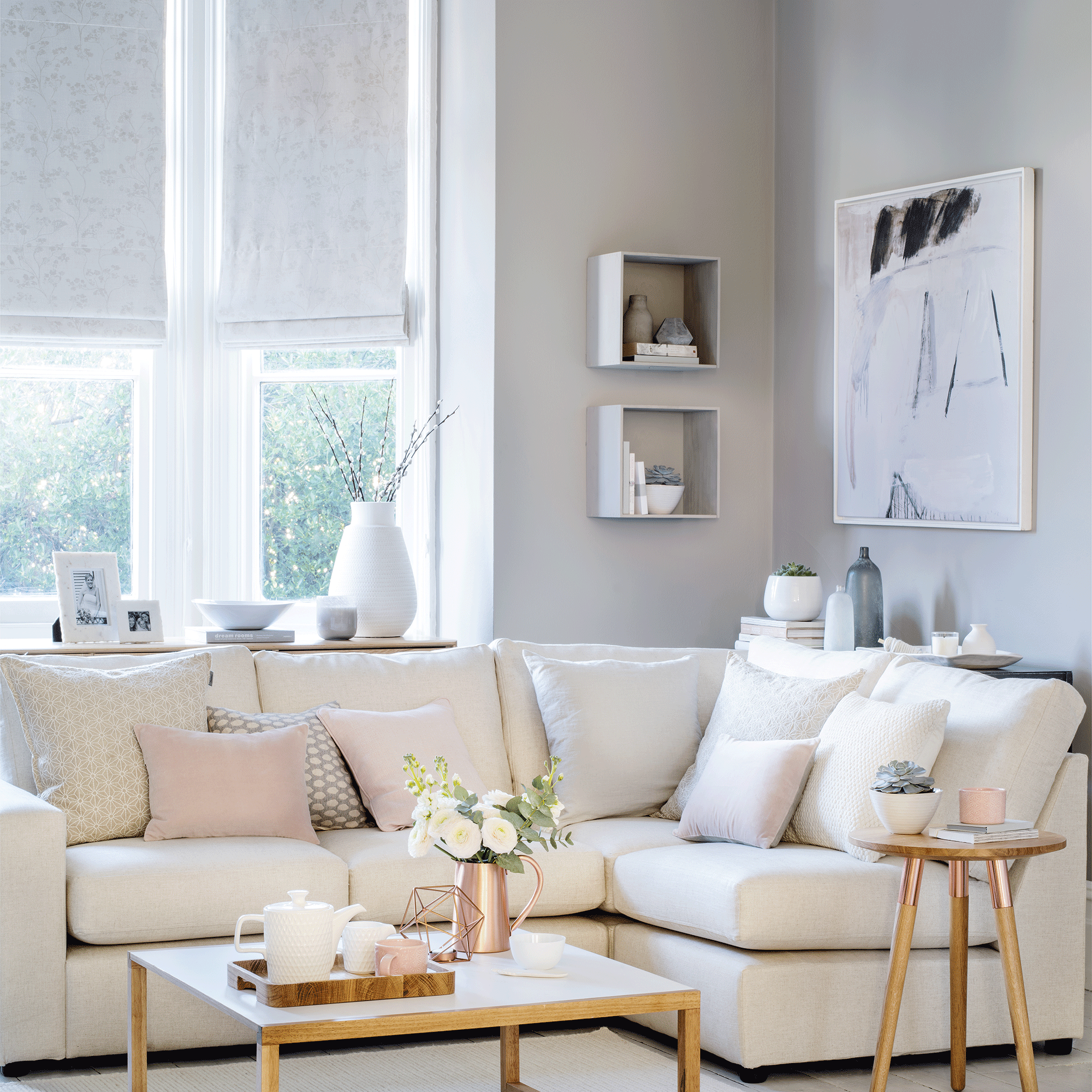 Grey living room with blinds