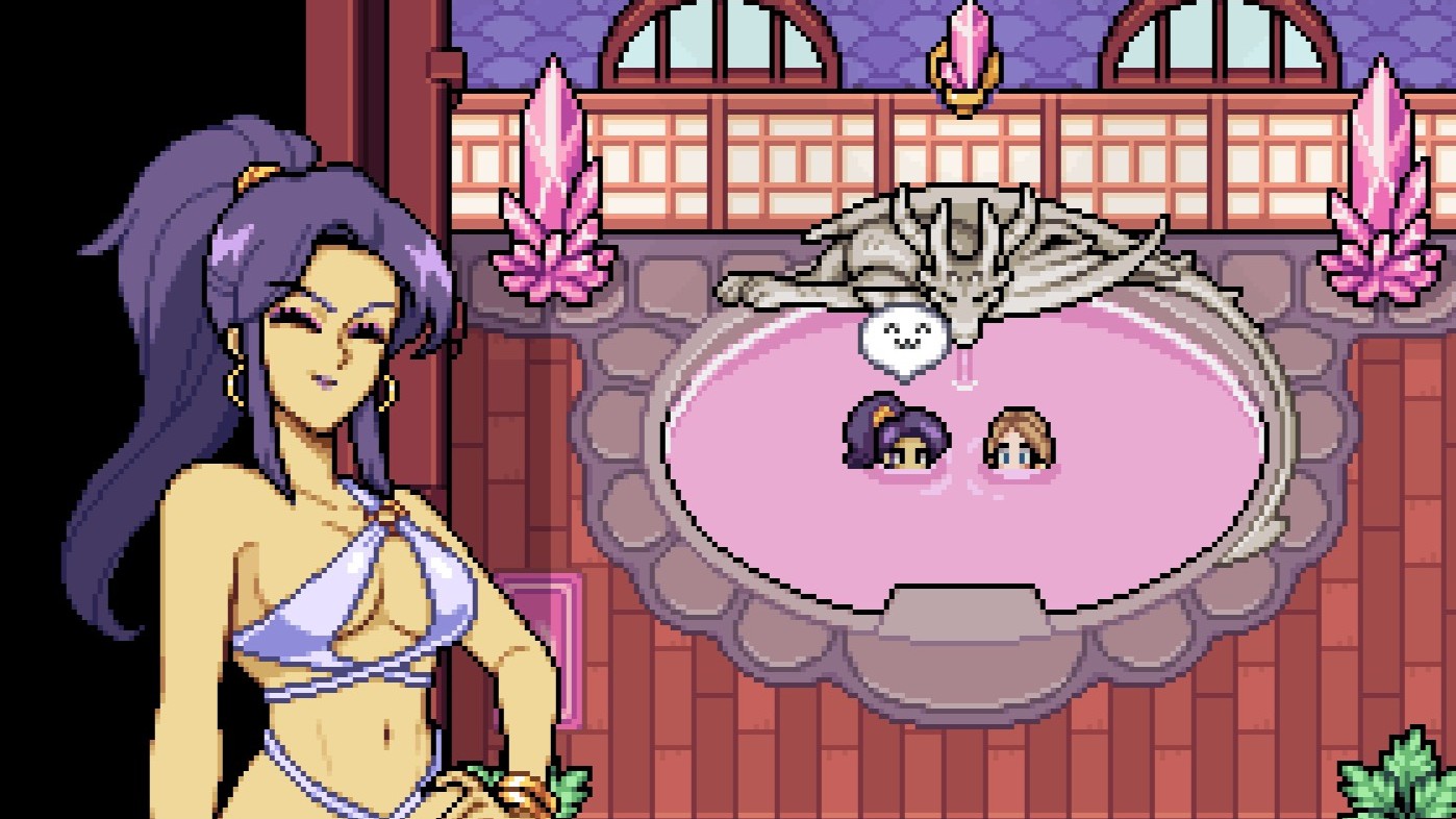 Fields of Mistria - Juniper smiles sweetly in the bathhouse with the main character.