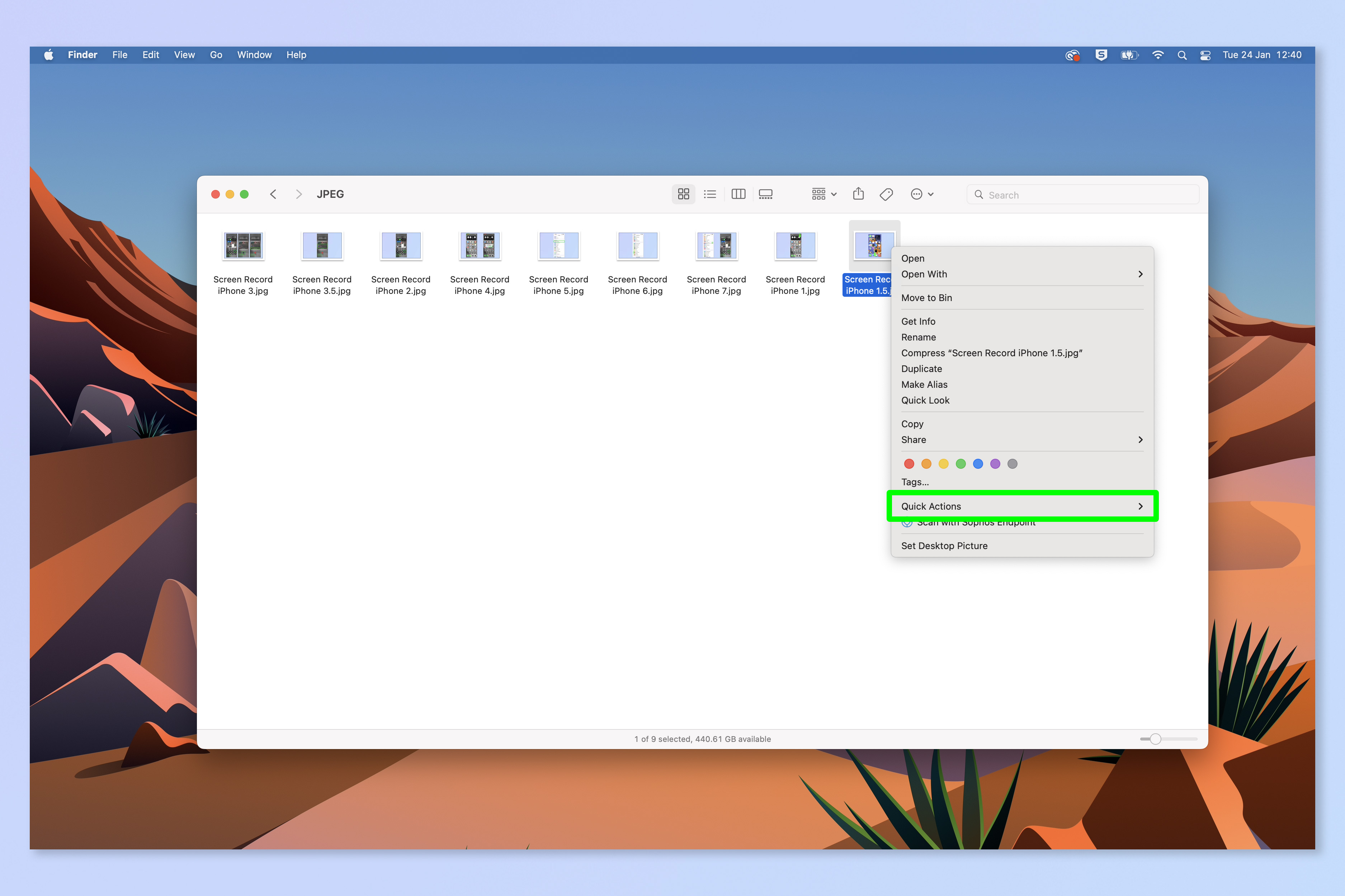 Снимок экрана, показывающий шаги, необходимые для преобразования изображений на Mac.