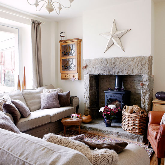 living room with white wall and fire place