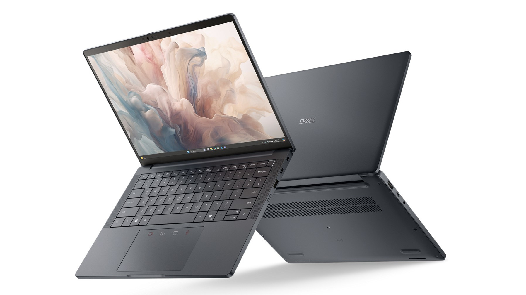 Two Dell laptops, one is open showing screen, the other is showing lid from behind