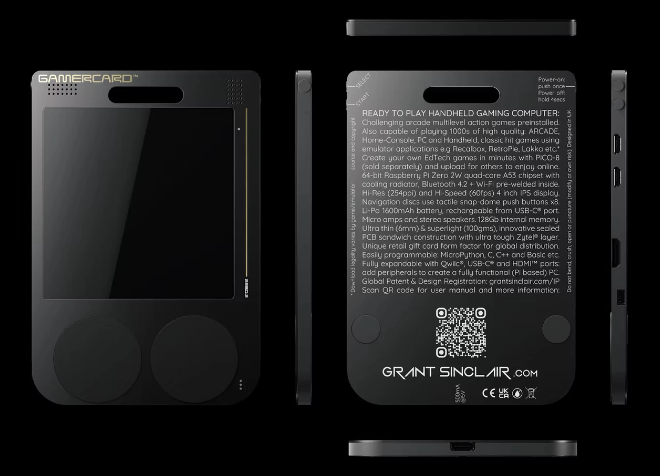 Sinclair GamerCard; front and back of a small black retro game console