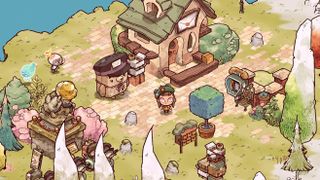 Cozy Grove - a player stands near a postal worker bear outside a small house