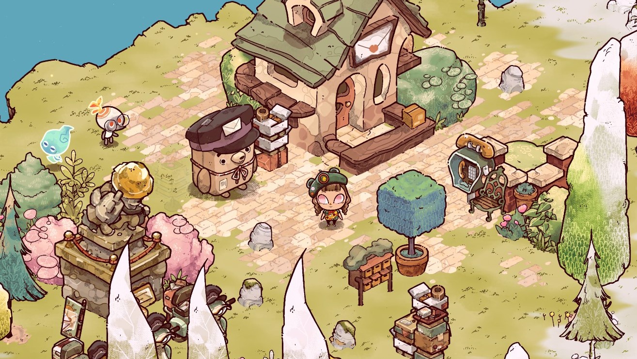 Cozy Grove - a player stands near a postal worker bear outside a small house